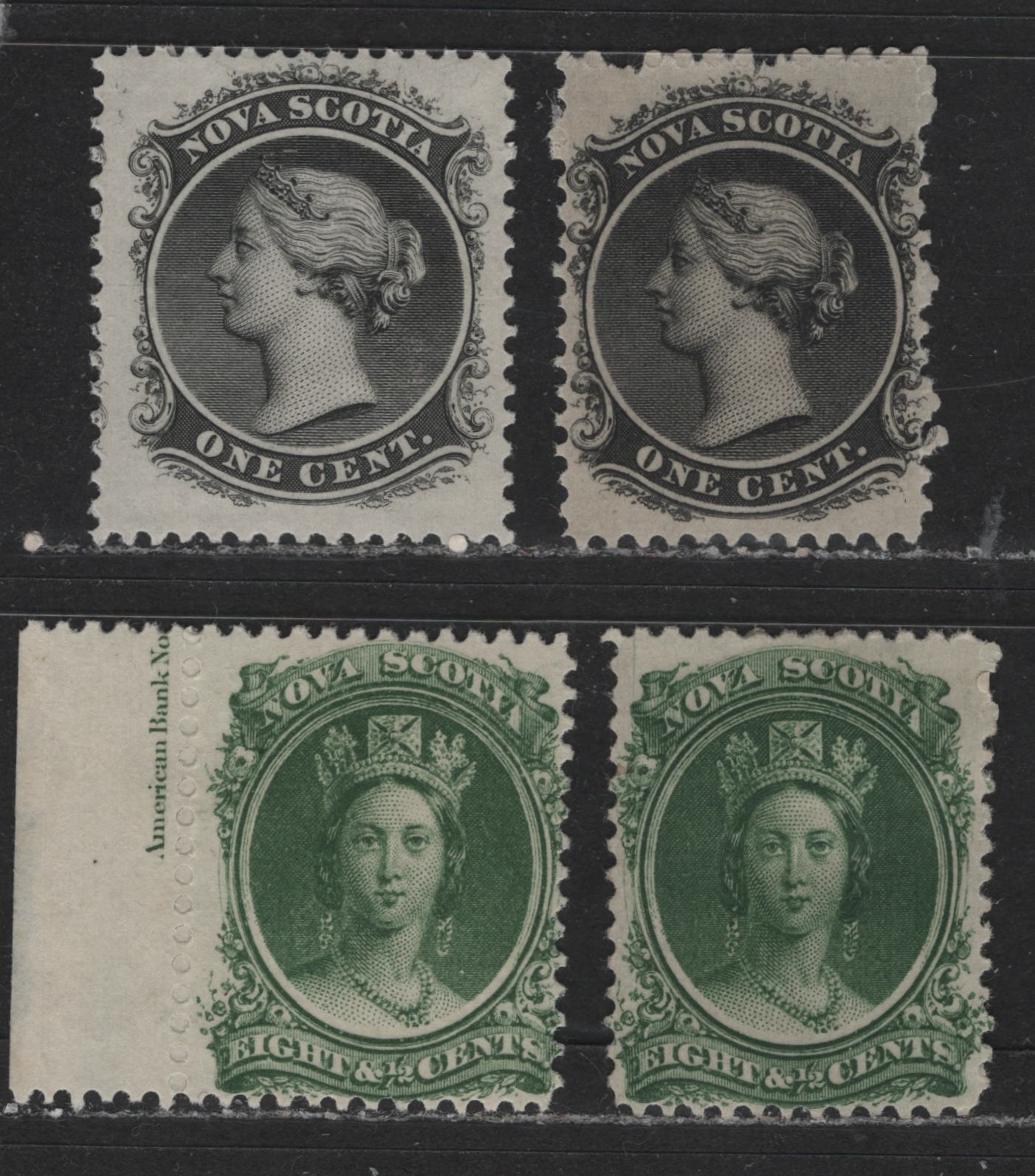 Lot 399 Nova Scotia #8, 8a, 11a 1c, 8.5c Black, Grey Black, Dark Green Queen Victoria, 1860-1867 Cents Issue, 4 VFOG Singles On Yellowish Paper, Perf. 11.75, & Thick White Paper Perf. 12, 12 x 11.75, & 11.75