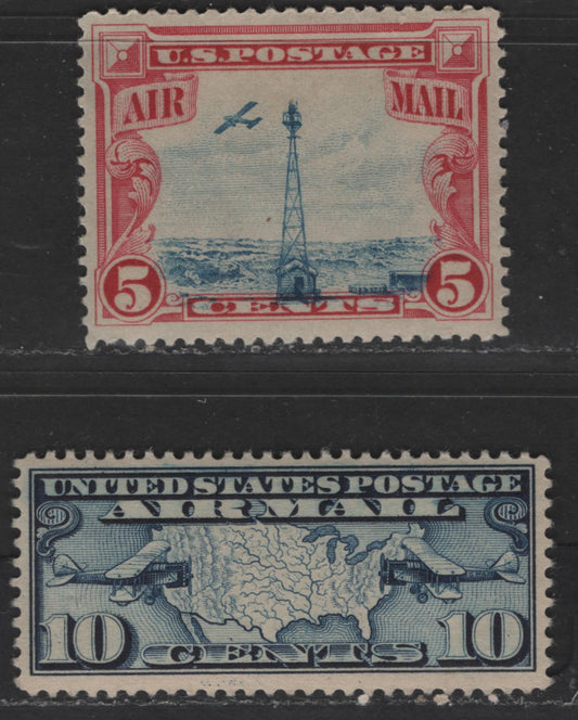 Lot 400A United States Of America #C7, C11 5c, 10c Dark Blue & Carmine & Blue Mail Planes & US Map And Beacon On Rocky Mountains, 1926-1928 Third & Fourth Airmail Issues, 2 VFOG Singles The 10c is NH, But Tiny Spot Of Gum Disturbance