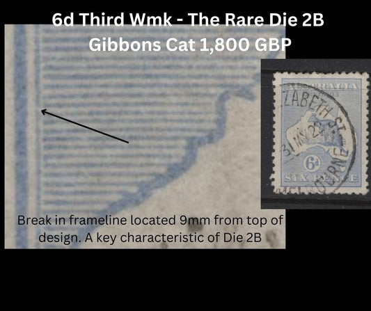 Lot 400 Australia (C)  SG#38a 6d Ultramarine Kangaroo & Map, 1915-1927 Kangaroo Issue, A Very Fine Used Single, Rare Die 2A, From Substituted Cliché With Characteristic Break 9mm From The Top Of The Design, 3rd Wmk (Crown & Narrow A).