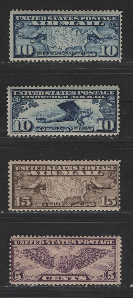 Lot 401 United States Of America #C7-C8, C10, C12 5c-10c Dark Blue - Violet Mail Planes, Map, Wingled Globe, Spirit Of St. Louis, 1926-1930 Third - Fifth Airmail Issue, 4 Fine NH Singles