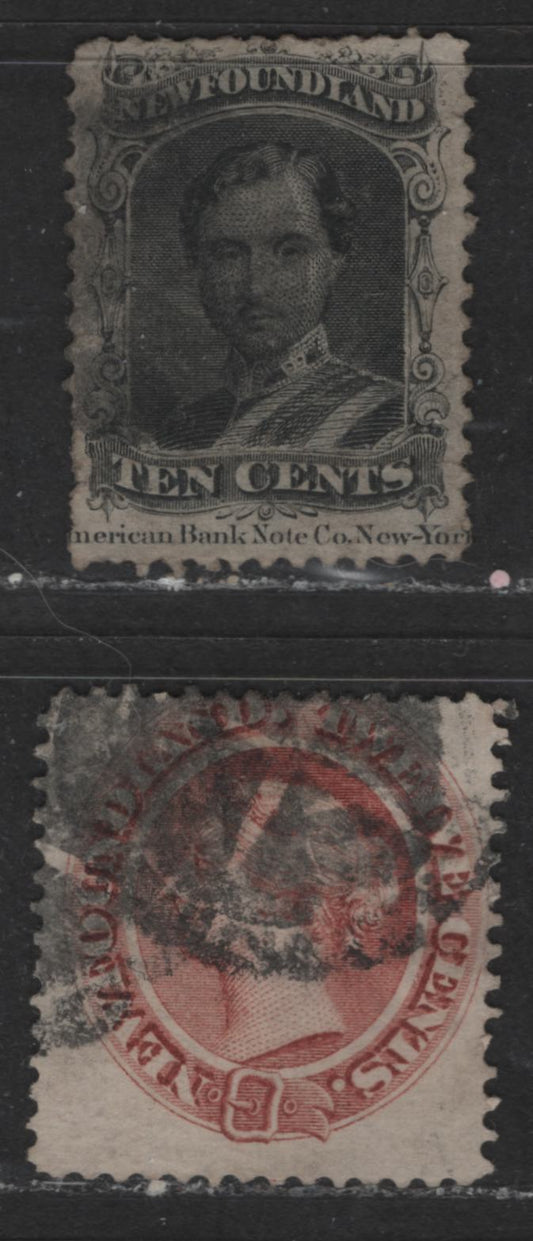 Lot 401 Newfoundland #27a-28 10c-12c Black & Deep Brown Red Prince Albert & Queen Victoria, 1865-1894 First Cents Issue, 2 Good & VG Used Singles On Thin Yellowish & White Papers, 10c With Imprint On The Bottom