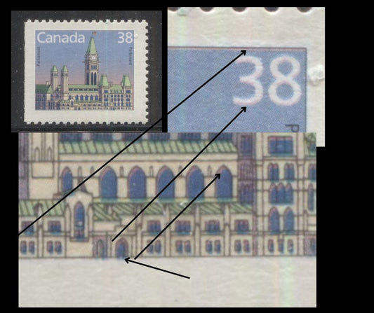 Canada #1165asvar 38c Multicoloured Parliament Buildings, 1987-1991 Mammal & Architecture Issue, A VFNH Single Downward Shift of Black & Upward Shift of Red Colour