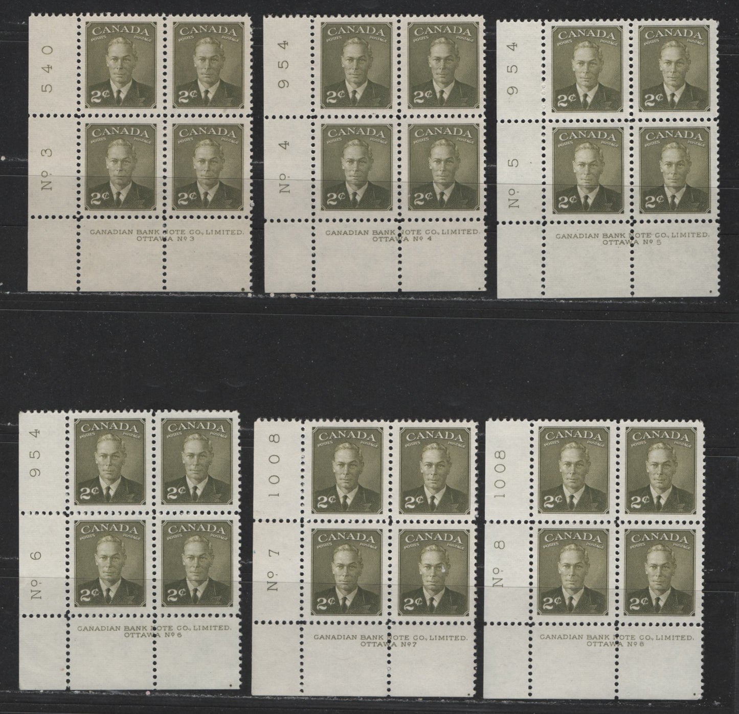Lot 129 Canada #305 2c Olive Green King George VI, 1949-1952 Postes-Postage Issue, 6 VFNH LL Plate Blocks Plates 3-8