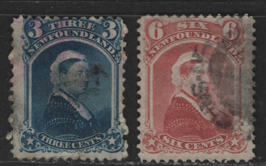 Lot 402 Newfoundland #34-35 3c, 6c Deep Blue & Dull Rose Queen Victoria, 1868-1894 Second Cents Issue, 2 VG & Fine Used Singles