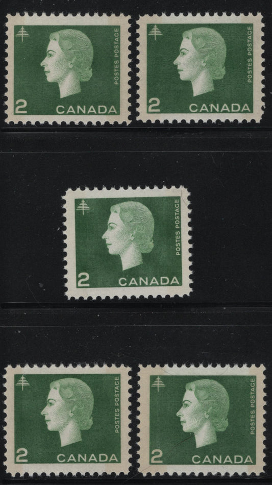 Canada #402p 2c Green Queen Elizabeth II, 1962-1967 Cameo Issue, 5 VFNH Singles On DF1 & DF2 Papers, With Smooth & Streaky Gums, Light & Deep Tagging Types