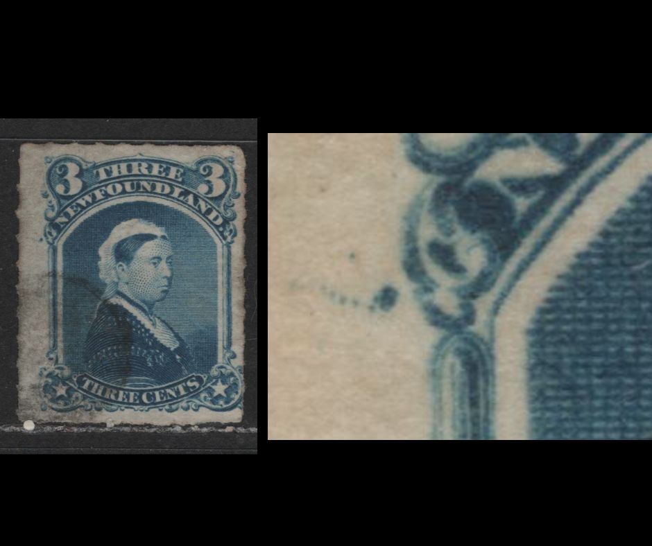 Lot 402A Newfoundland #39ii 3c Deep Blue Queen Victoria, 1876-1879 Rouletted Cents Issue, A VG Used Single With Scarce "Tumbling Stones" Variety From Position 11, Listed But Unpriced In Unitrade