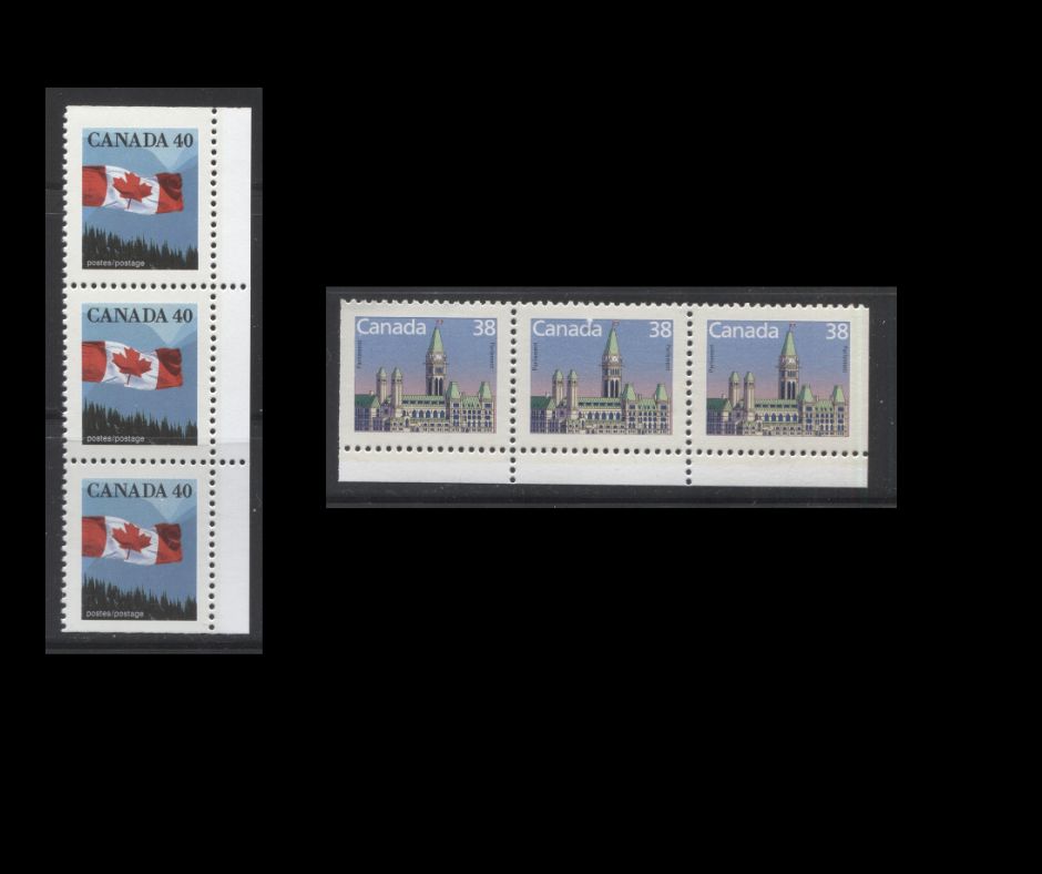 Canada #1165as, 1169as 38c, 40c Multicoloured Parliament Buildings & Canadian Flag, 1987-1991 Mammal & Architecture Issue, 2 VFNH Booklet Strips of 3