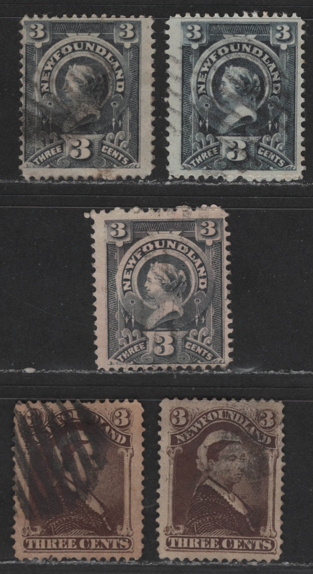 Lot 405 Newfoundland #51, 60 3c Umber Brown & Slate Queen Victoria, 1880-1890 Third Cents Issue, 5 VG & Fine Used Singles All Different Shades