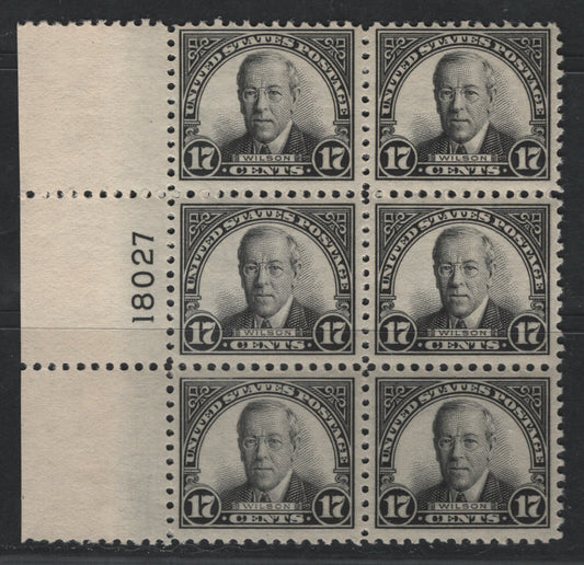 United States Of America #623 17c Black Woodrow Wilson, 1922-1926 4th Bureau Issue, A VFNH Left Plate 18027 Block Of 6 Flat Plate Printing