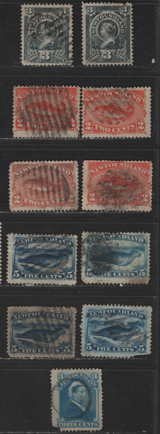 Lot 406 Newfoundland #48, 48b, 49a, 54, 55, 60 2c - 5c Red Orange - Slate Codfish, Seal & Queen Victoria, 1880-1890 Third Cents Issue, 11 Ungraded Used Singles Various Papers, Perfs & Shades, All Faulty, Sold For Reference