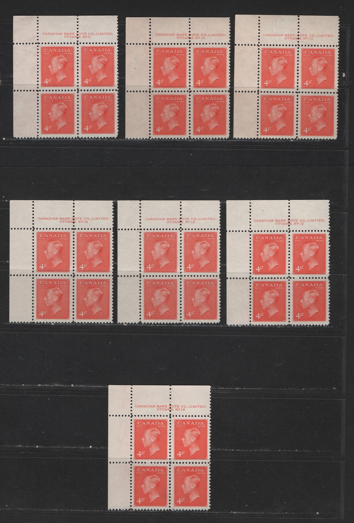 Lot 406 Canada #306 4c Vermilion King George VI, 1949-1952 Postes-Postage Issue, 7 VFNH UL Plate Blocks Plates 11-18