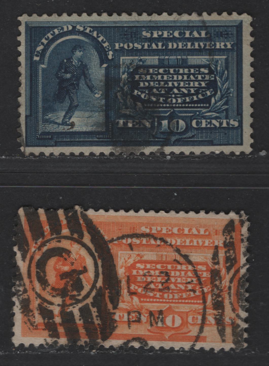 Lot 406A United States Of America #E3, E5 10c Orange & Dark Blue Messenger Running, 1893-1895 Columbian Exposition & Watermarked Special Delivery Issue, 2 Fine Used Singles