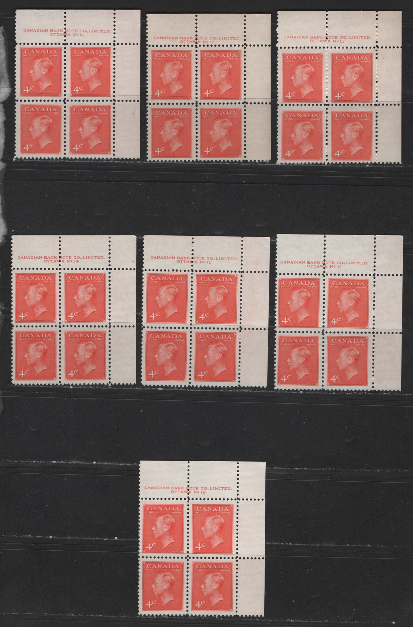 Lot 407 Canada #306 4c Vermilion King George VI, 1949-1952 Postes-Postage Issue, 7 VFNH UR Plate Blocks Plates 11-18