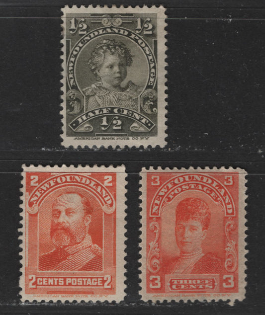 Lot 407 Newfoundland #78, 81, 83c 1/2c, 2c & 3c Brown Olive - Red Orange King Edward VIII - Queen Alexandra, 1897-1901 Royal Family Issue, 3 VGOG & Fine OG Singles 3c Is On The Thin Bluish Paper