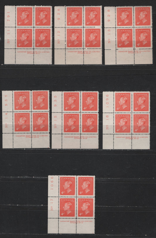 Lot 408 Canada #306 4c Vermilion King George VI, 1949-1952 Postes-Postage Issue, 7 VFNH LL Plate Blocks Plates 11-18