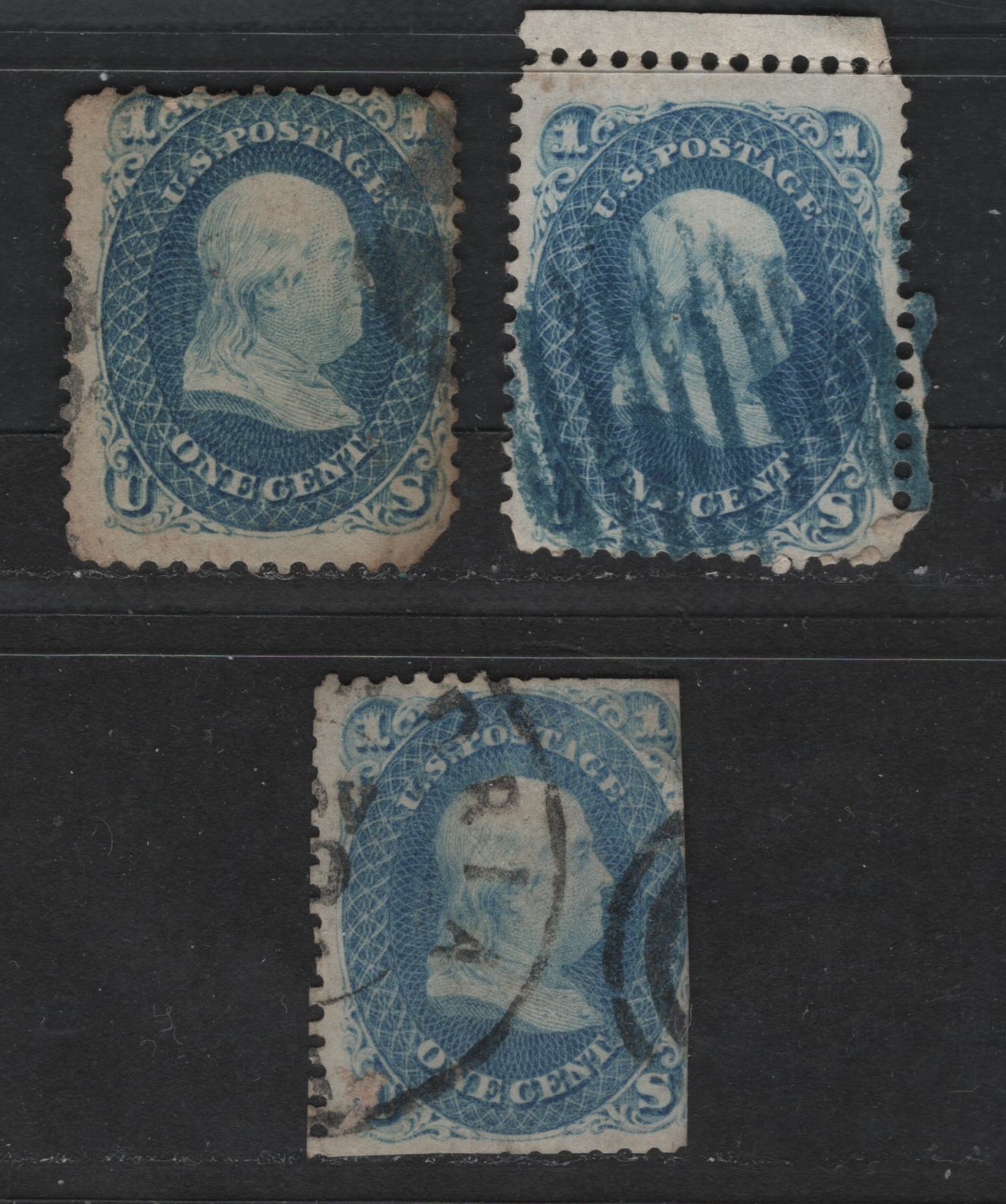 United States Of America #63 1c Greenish Blue, Blue & Pale Blue Benjamin Franklin, 1861-1869 Civil War Issue, 3 Ungraded Used Singles With Severe Faults, Sold As Reference Examples Of The Various Shades