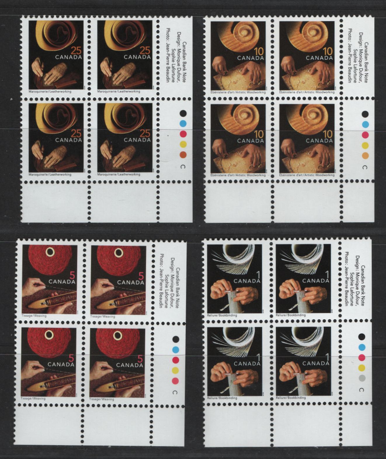 Canada #1673i, 1677i, 1679i, 1680i 1c, 5c, 10c, 25c Multicoloured Bookbinding - Leatherworking, 1999-2007 Traditional Trades Definitives, 4 VFNH LR Inscription Blocks 2000-2001 Initial CBN Reprints, With Fully Perforated Selvedge