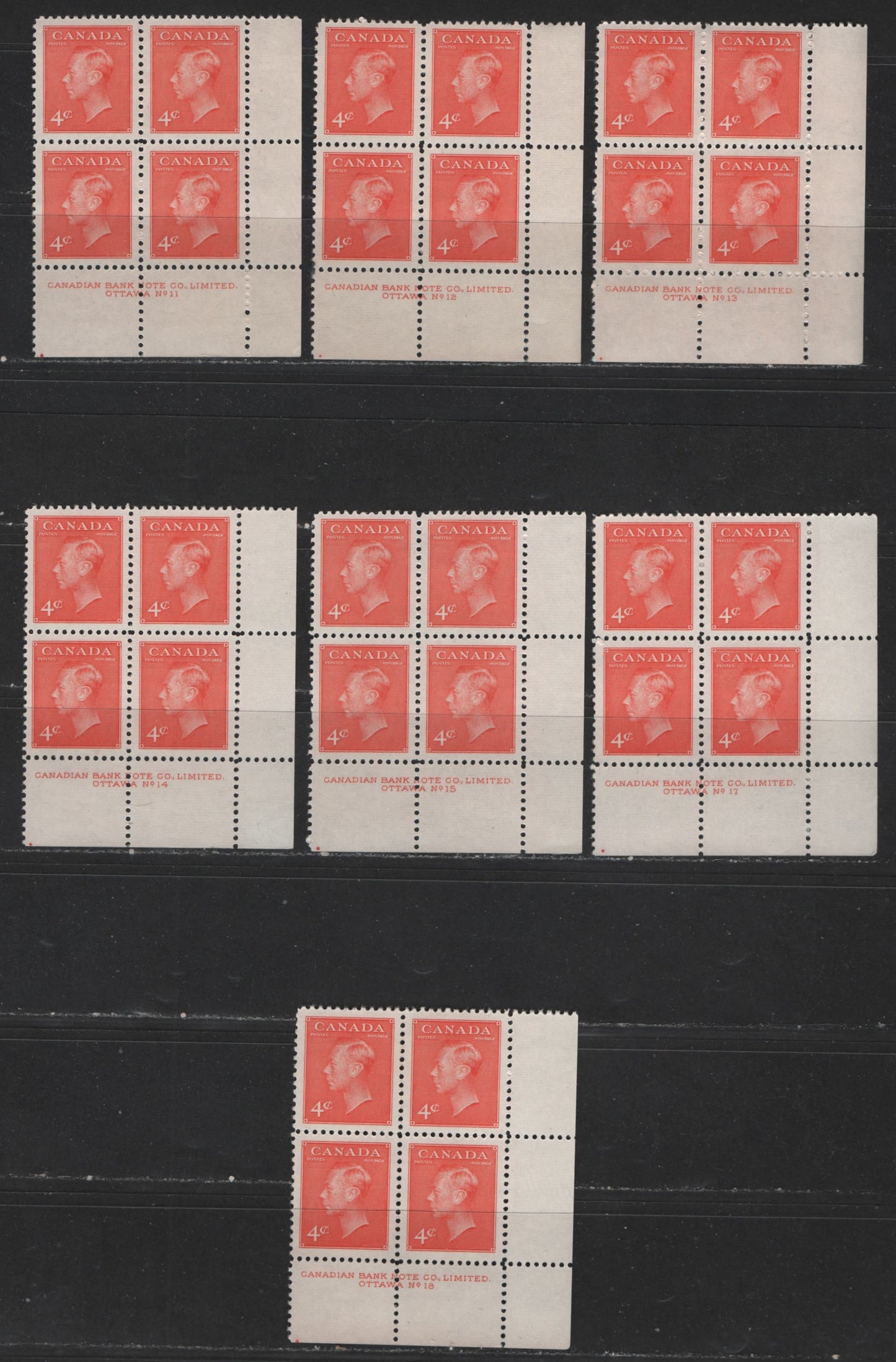 Lot 130 Canada #306 4c Vermilion King George VI, 1949-1952 Postes-Postage Issue, 7 VFNH LR Plate Blocks Plates 11-18