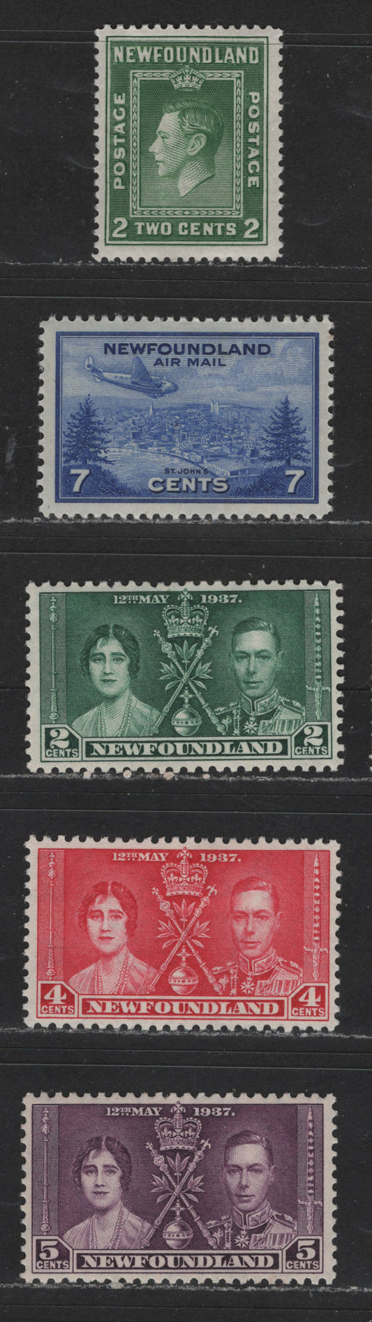 Lot 410 Newfoundland #230-232, 254, C19 2c-7c Myrtle Green - Ultramarine King George VI & Queen Elizabeth & Plane Over St. John's, 1937-1944 Coronation, Reseources & Airmail Issues, 5 VFOG Singles