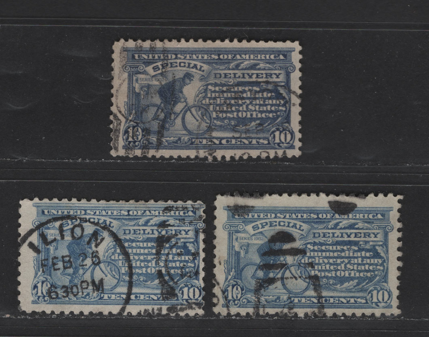 Lot 411 United States Of America #E9-E10, E11c 10c Pale Ultramarine & Blue Messenger On Bicycle, 1914-1917 Watermarked & Unwatermarked Special Delivery Issue, 3 VF & Fine Used Singles Perf. 10 & 11, Single-Line Watermark & Unwatermarked