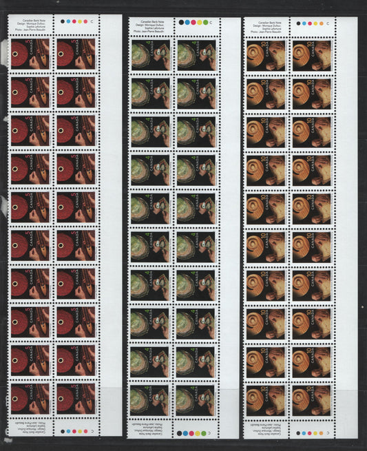 Lot 142 Canada #1676ivar, 1677ivar, 1679ivar 4c, 5c, 10c Oyster Farming - Woodworking, 1999-2007 Traditional Trades Definitives, 3 VFNH Bottom Inscription Blocks Of 20 Early 2001 CBN Reprints, With Imperforate Bottom Selvedge, And No Barcode, Unlisted