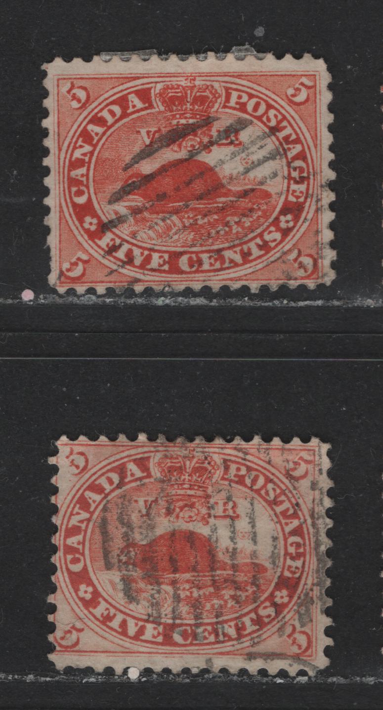 Lot 413 Canada #15 5c Vermilion Beaver, 1859-1867 First Cents Issue, 2 Good & Fine Used Singles Perf. 12, With Strong & Weak Transfers Of The Background Shading