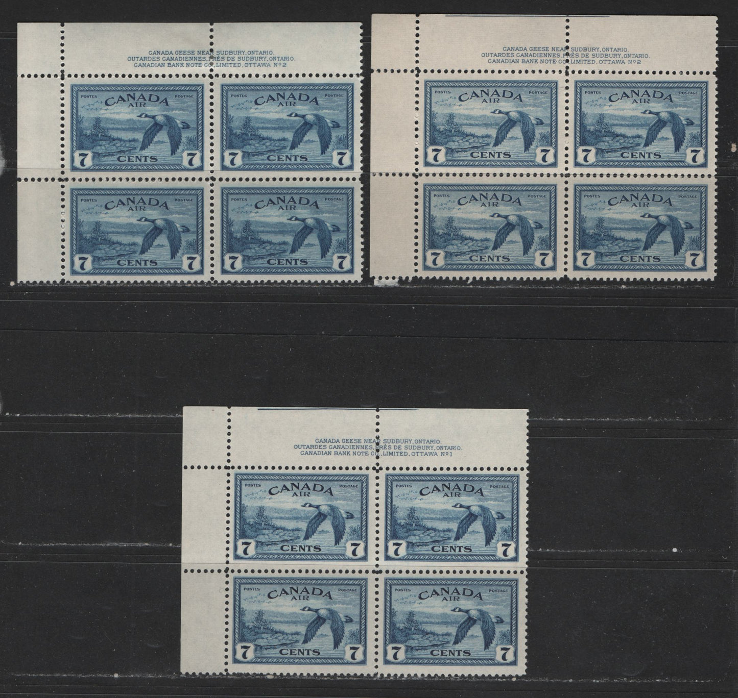 Lot 414 Canada #C9 7c Deep Blue Canada Goose, 1946-1952 Peace Issue Airmail, 3 Fine NH, VFNH and VFOG UL Plate Blocks Plate 1 & 2 In Differet Shades & On Different Papers  With Different Gun Types