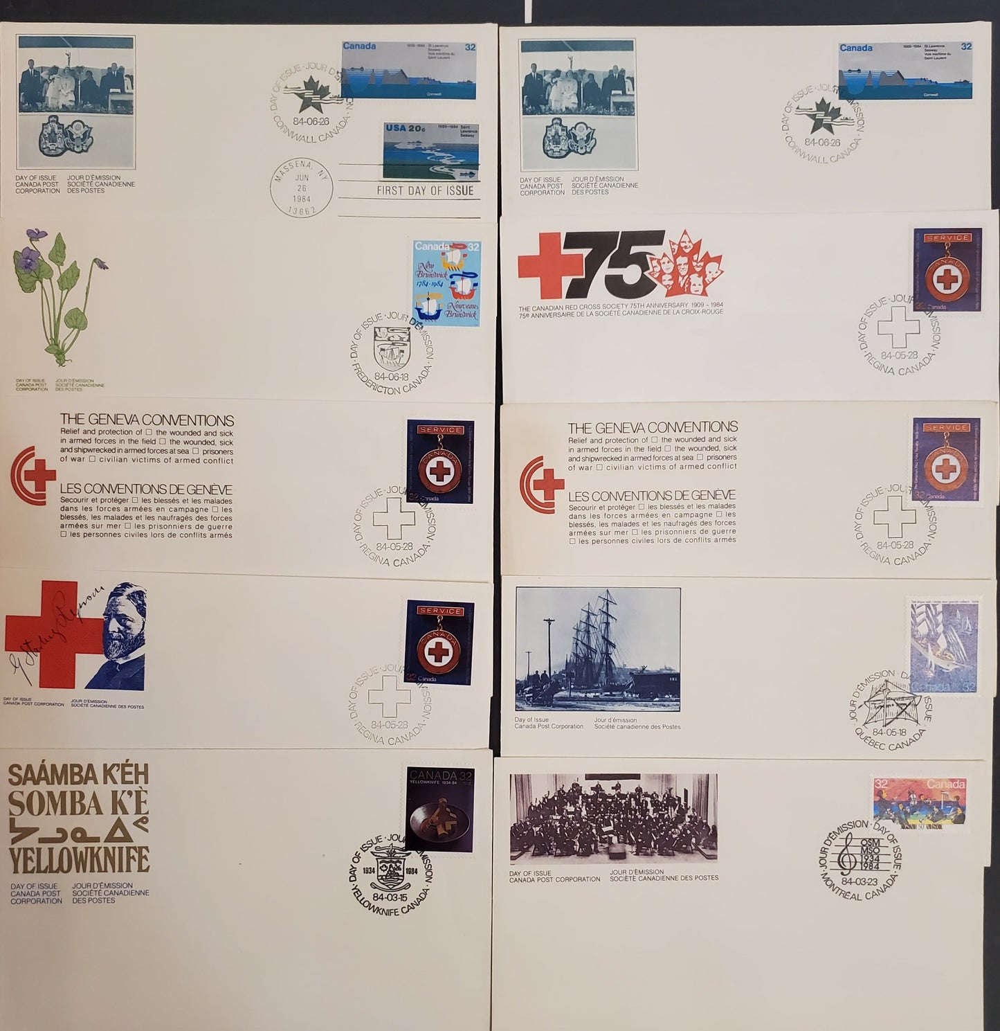 Canada  1009-1010, 1012-1015 32c Multicoloured Various Subjects, 1984 50th Anniversary of Yellowknife - St. Lawrence Seaway Issues, 10 VF Canada Post Official FDC's DF and LF Cream Envelopes