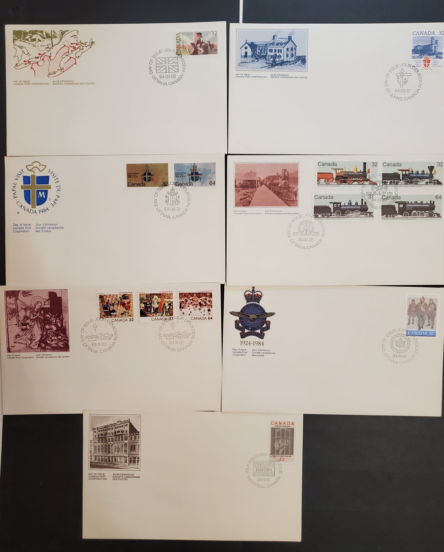 Canada  1028-1031, 1036-1044 32c, 37c, 64c Multicoloured Various Scenes, 1984 United Empire Loyalists - Christmas Issues, 7 VF Canada Post Official FDC's DF Cream Envelopes, LF and HF Harrison Papers