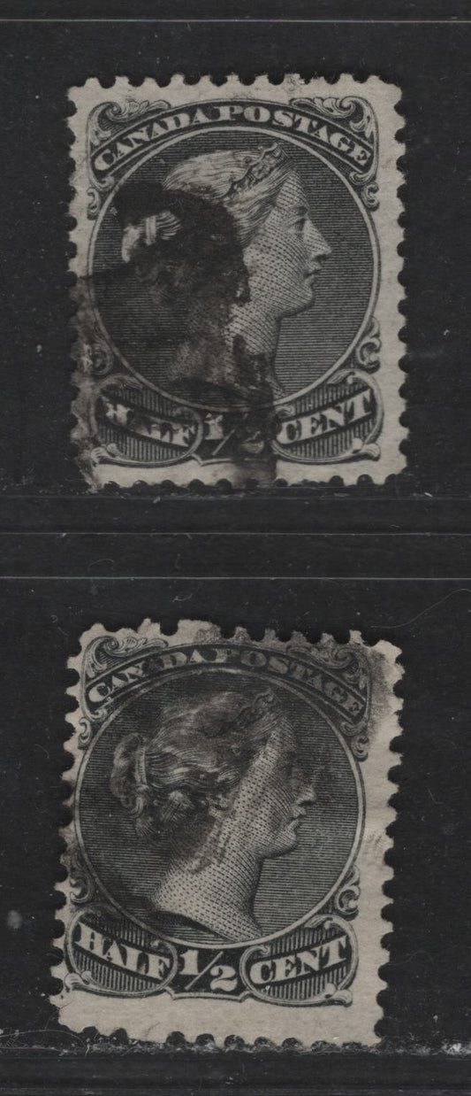 Lot 416 Canada #21 1/2c Black Queen Victoria, 1868-1897 Large Queen Issue, 2 VG & Fine Used Singles Perf. 12 On Duckworth Papers 3 & 10