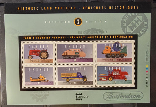 Canada #1552i 43c-88c Multicoloured Cockshutt "30" Tractor - Massey Harris #21 Combine, 1995 Historic Land Vehicles Issue,  On MF Peterborough Paper