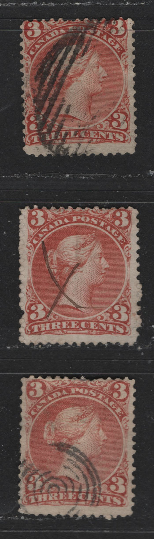 Lot 417 Canada #25, 25i 3c Orange Red, Red & Dull Red Queen Victoria, 1868-1897 Large Queen Issue, 3 Good & VG Used Singles On Duckworth Papers 3 & 10