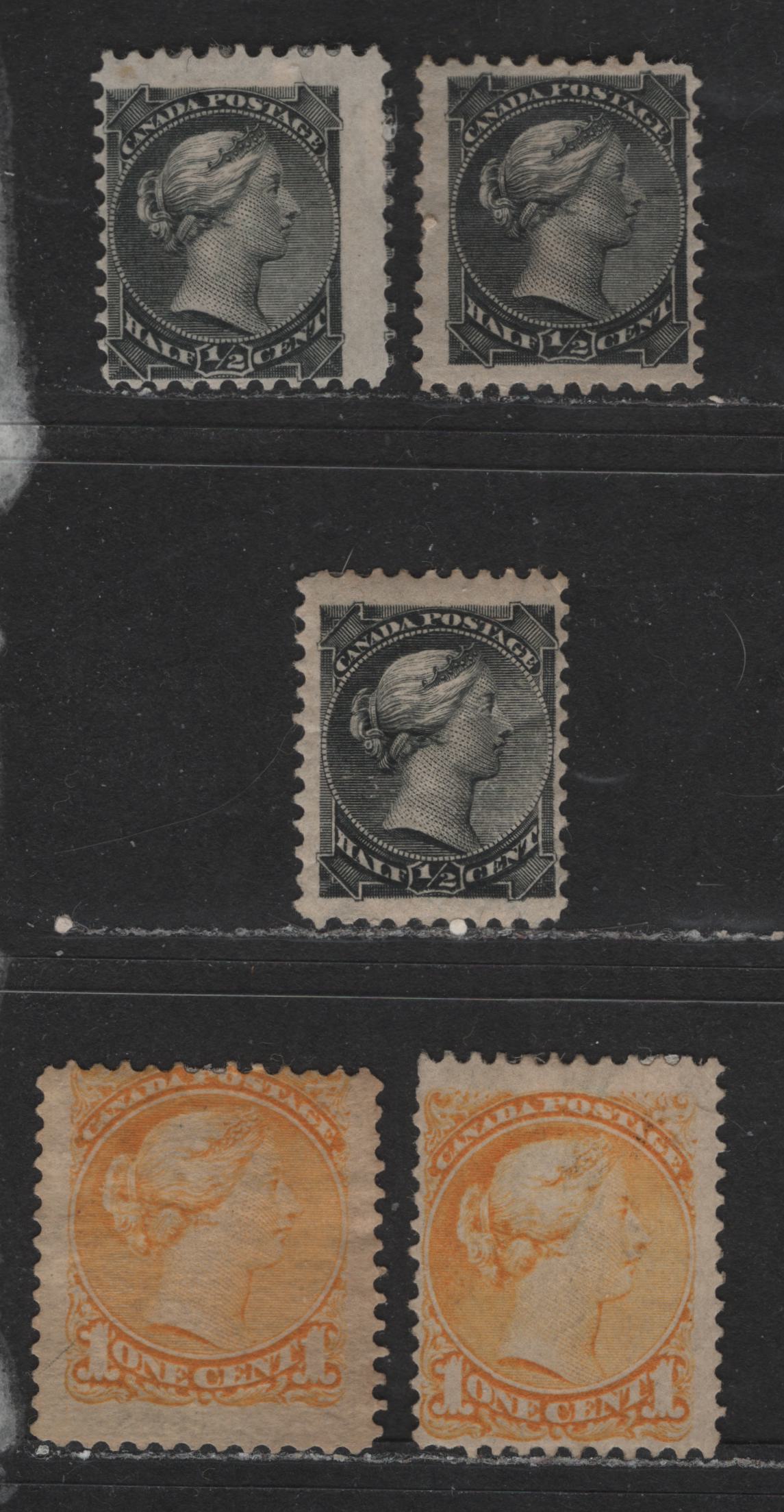 Lot 418 Canada #34, 34ii, 35, 35i 1/2c-1c Intense Black, Dull Yellow & Bright Yellow Queen Victoria, 1870-1897 Small Queen Issue, 5 VG & Fine OG Singles Montreal & Second Ottawa Printings