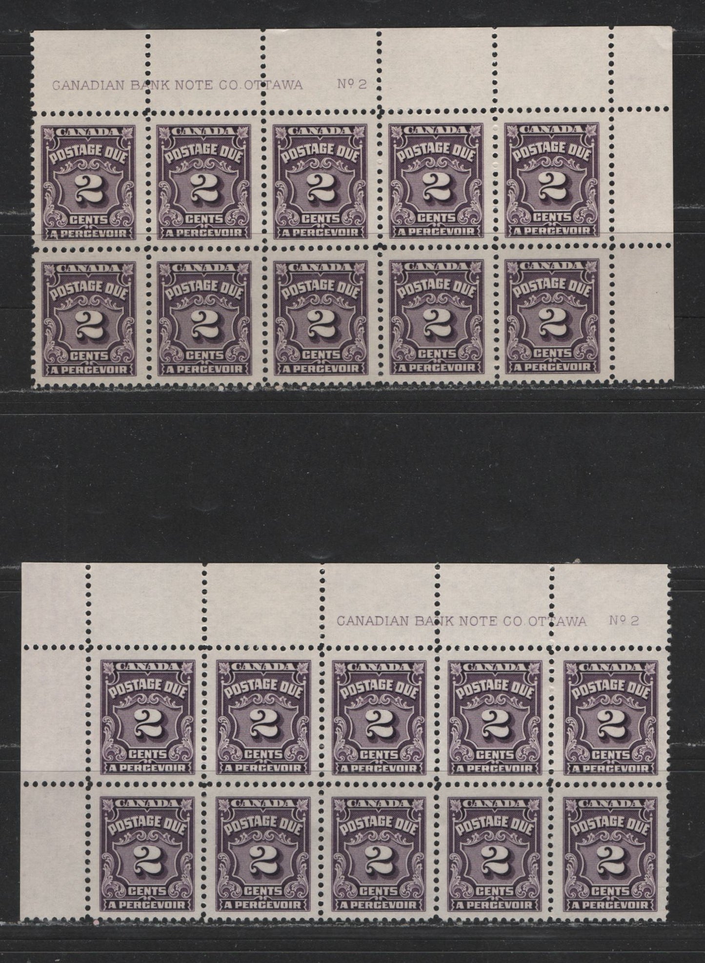 Lot 419 Canada #J16 2c Deep Purple & Blackish Purple Numeral On Fancy Background, 1935-1965 Fourth Postage Due Issue, 2 VFNH UL & UR Plate 2 Blocks Of 10, DF Smooth Vertical Ribbed Paper, Semi-Gloss Cream Gum