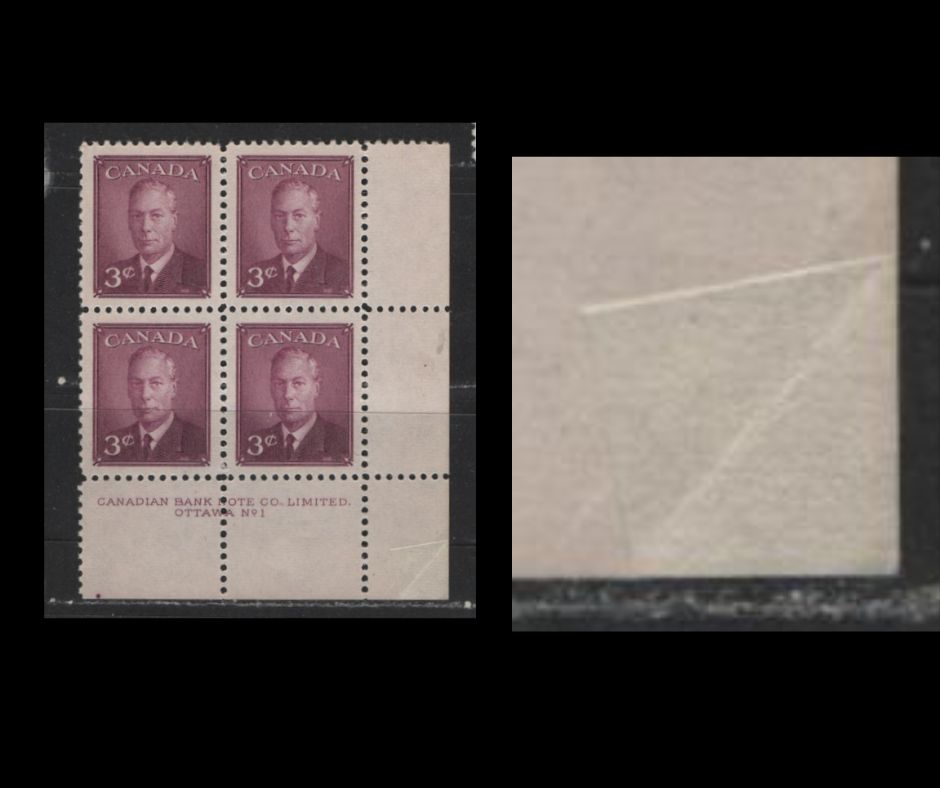 Lot 420 Canada #291var 3c Deep Rose Purple King  George VI, 1949-1952 Postes-Postage Issue, A VFNH LR Plate Block Plate 1, With Pre-Plate Glazing Crease in The Selvedge At LR Corner