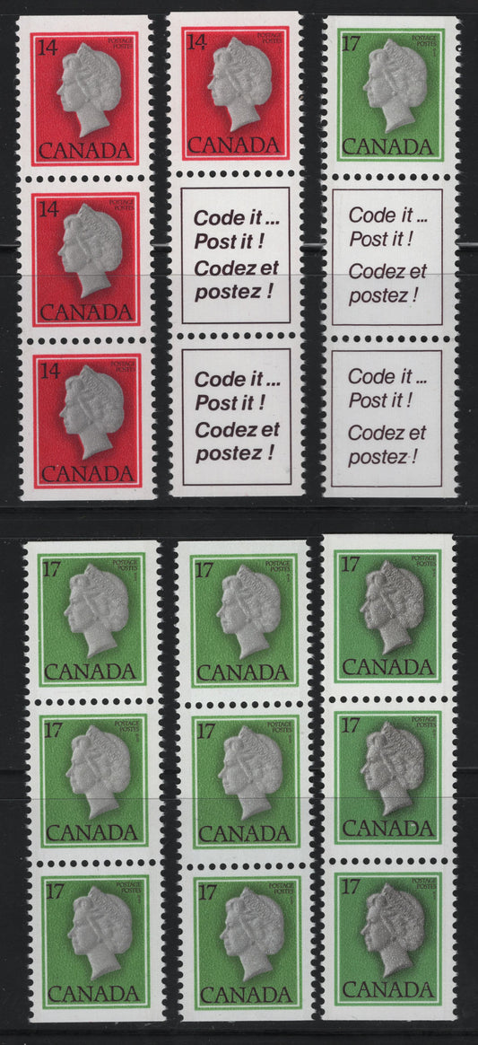 Canada #716a, as, 789a, as 14c & 17c Multicoloured Queen Elizabeth II, 1977-1985 Floral & Environment Issue, 6 VFNH Booklet Strips Of 3 On DF/LF and DF/DF Papers