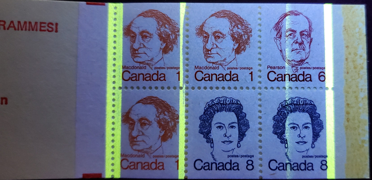 Canada #BK74gT4 1c, 6c, 8c Orange - Royal Blue 1973-1978 Caricature Issue, A VFNH Complete Booklet DF Cover, LF Horizontal Ribbed Pane, Self-Sealer, 1 tag Bar 1/2 Width, One Tag Bar Missing, Ghost Tag Down 1/3 and 2/3