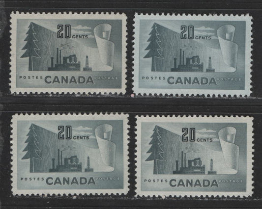 Lot 422 Canada #316 20c Slate Newsprint Industry, 1950-1952 Natural Resources Issue, 4 VFNH Singles 4 Different Shades & Papers, Yellowish Cream Semi-Gloss Gum