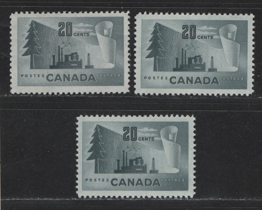 Lot 423 Canada #316 20c Slate Newsprint Industry, 1950-1952 Natural Resources Issue, 3 Fine & VFNH Singles 3 Different Shades & Papers, Yellowish Cream & Cream  Semi-Gloss Gum, Different From Lot 422