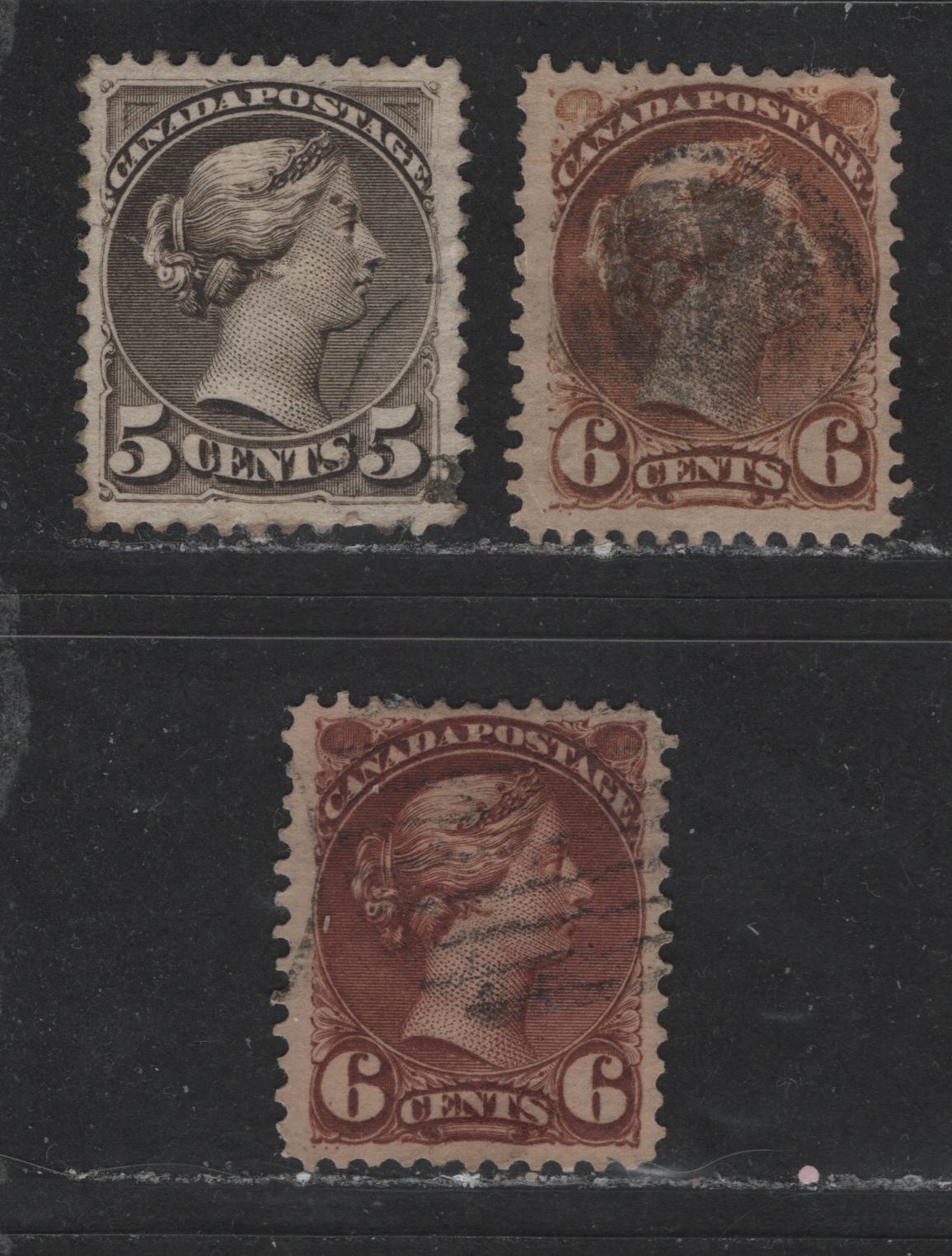 Lot 424 Canada #42, 39d, 43 5c, 6c Brown, Brownish Grey & Red Brown Queen Victoria, 1870-1897 Small Queen Issue, 3 Fine & VF Used Singles Montreal & Second Ottawa Printings