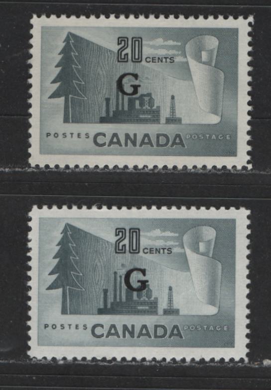 Lot 424 Canada #O30 20c Slate Newsprint Industry, 1950-1952 Natural Resources Issue, 2 VFOG & VFNH Singles 2 Different Shades: Slate & Bluish Slate, G Overprint, Horizontally Ribbed Paper, Smooth, Semi-Gloss Cream Gum