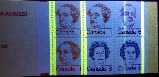 Canada #BK74gT2 1c, 6c, 8c Orange - Royal Blue 1973-1978 Caricature Issue, A VFNH Complete Booklet DF Cover, LF Horizontal Ribbed Pane, Self-Sealer, One Tag Bar Missing, Very Faint Ghost Tag Down 1/3 and 2/3