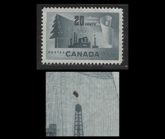 Lot 425 Canada #316var 20c Bluish Slate Newsprint Industry, 1950-1952 Natural Resources Issue, A VFOG Single With Unlisted Black Mark Above Water Tower - Ink From the "G" Overprinting, But No G Overprint - Interesting