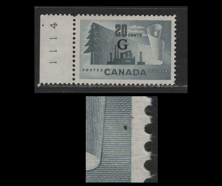 Lot 426 Canada #O30var 20c Slate Newsprint Industry, 1950-1952 Natural Resources Issue, A VFOG Single With G Overprint & Unlisted Black Dot At Right Frameline, Interesting, See Lot 425