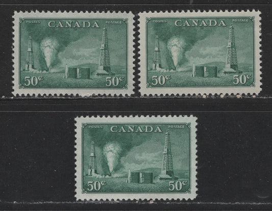 Lot 427 Canada #294 50c Dull Bluish Green Oil Wells, 1950-1952 Natural Resources Issue, 3 VFOG Singles In Different Shades, On Different Papers, Different Gum Types