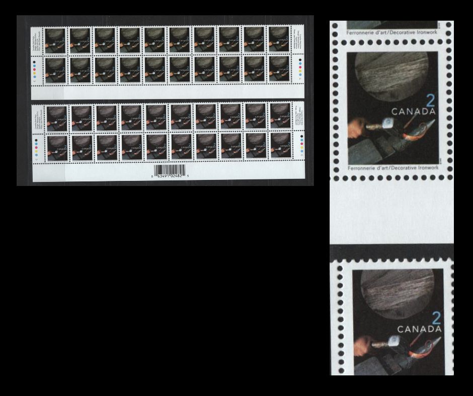Lot 144 Canada #1674i, 1674ii 2c Multicoloured Ironwork, 1999-2007 Traditional Trades Definitives, A VFNH Bottom Inscription Blocks Of 20 December 2000 & December 2001 CBN Reprints With Imperforate Selvedge & With & Without Barcodes
