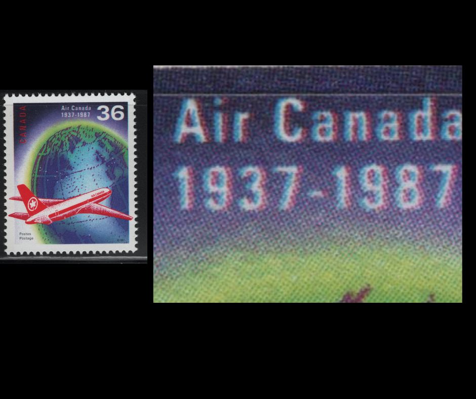 Canada #1145var 36c Multicoloured Air Canada Plane & Globe, 1987 50th Anniversary Of Air Canada Issue, A VFNH Single On DF Greenish Cream/DF Rolland Paper, Showing Blurry Inscriptions