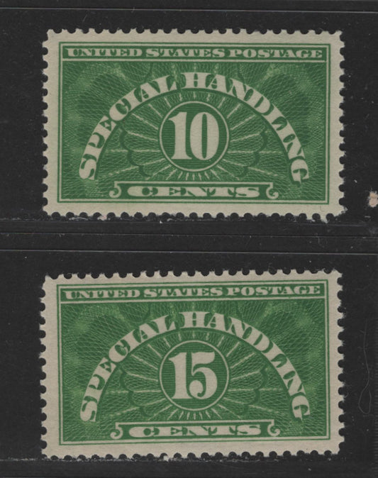 Lot 428 United States Of America #QE1-QE2 10c-15c Yellow Green Numeral On Engine Turned Background, 1925-1928 Special Handling Stamps, 2 VFNH Singles Wet Printing, Natural Gum Skip In UR Corner Of 10c