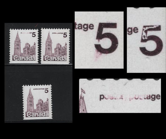 Canada #800var 5c Dark Plum Parliament Buildings, 1977-1985 Floral & Environment Issue, 2 VFNH Booklet Singles On DF/DF Paper, Showing Damage To & Smudges Near "5"