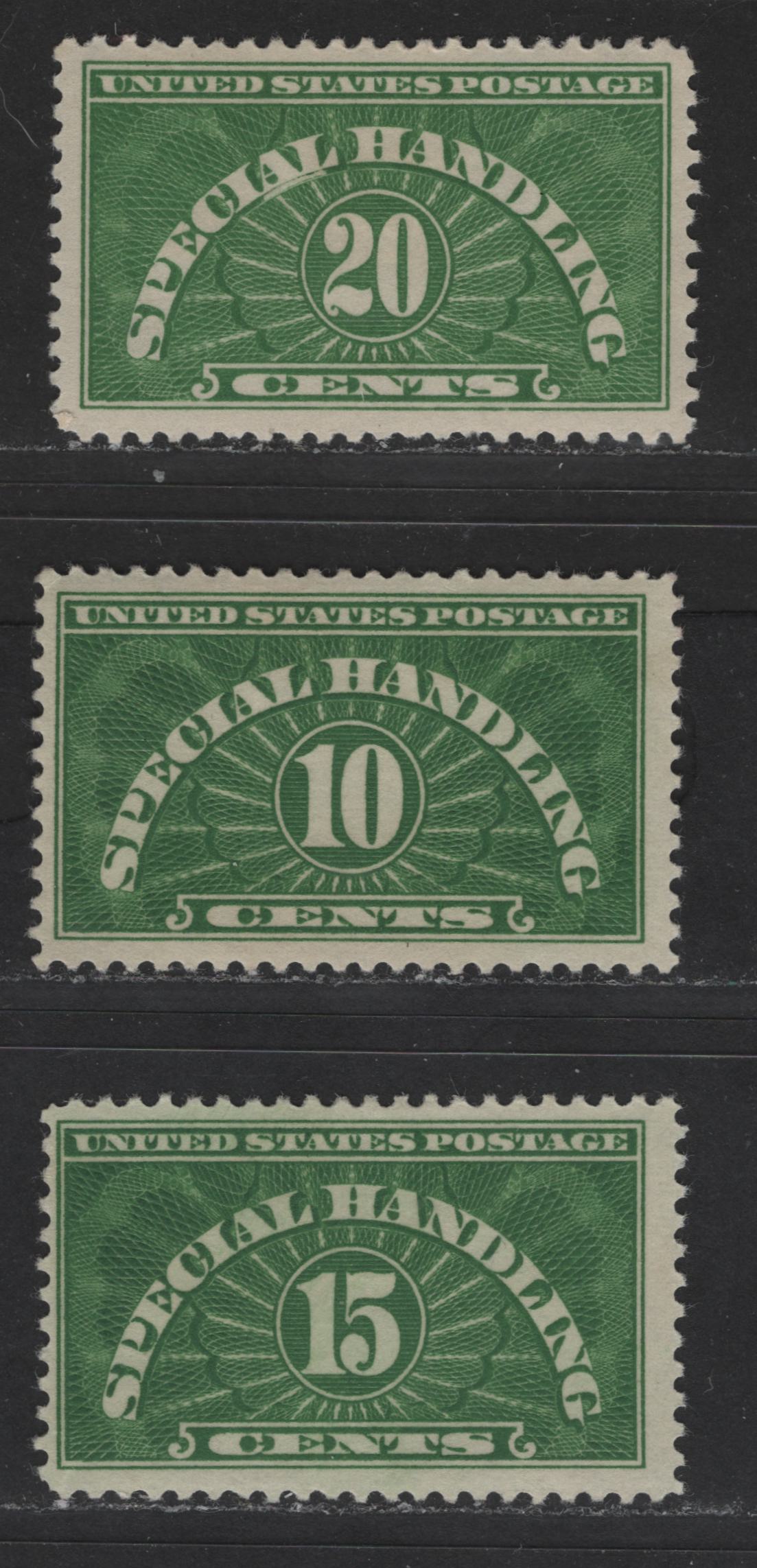 Lot 429 United States Of America #QE1-QE3 10c-20c Yellow Green Numeral On Engine Turned Background, 1925-1955 Special Handling Stamps, 3 Fine & VFOG Singles Wet Printing